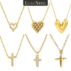 LUXUSTEEL Delicate Full Cubic Zirconia Inlay Heart Cross Pendant Necklaces Collars Charm Rolo Link Chains NEcklace Party