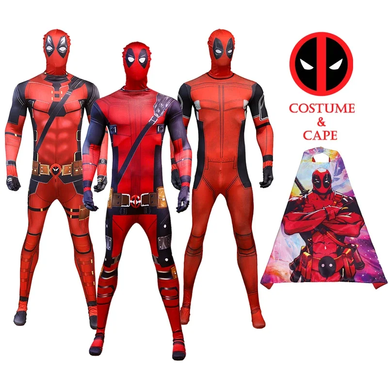 Disfraz de cuerpo completo de MARVEL DEADPOOL con capa para niños y adultos, mono con patrón 3D, mono con accesorios ricos # 1 # W