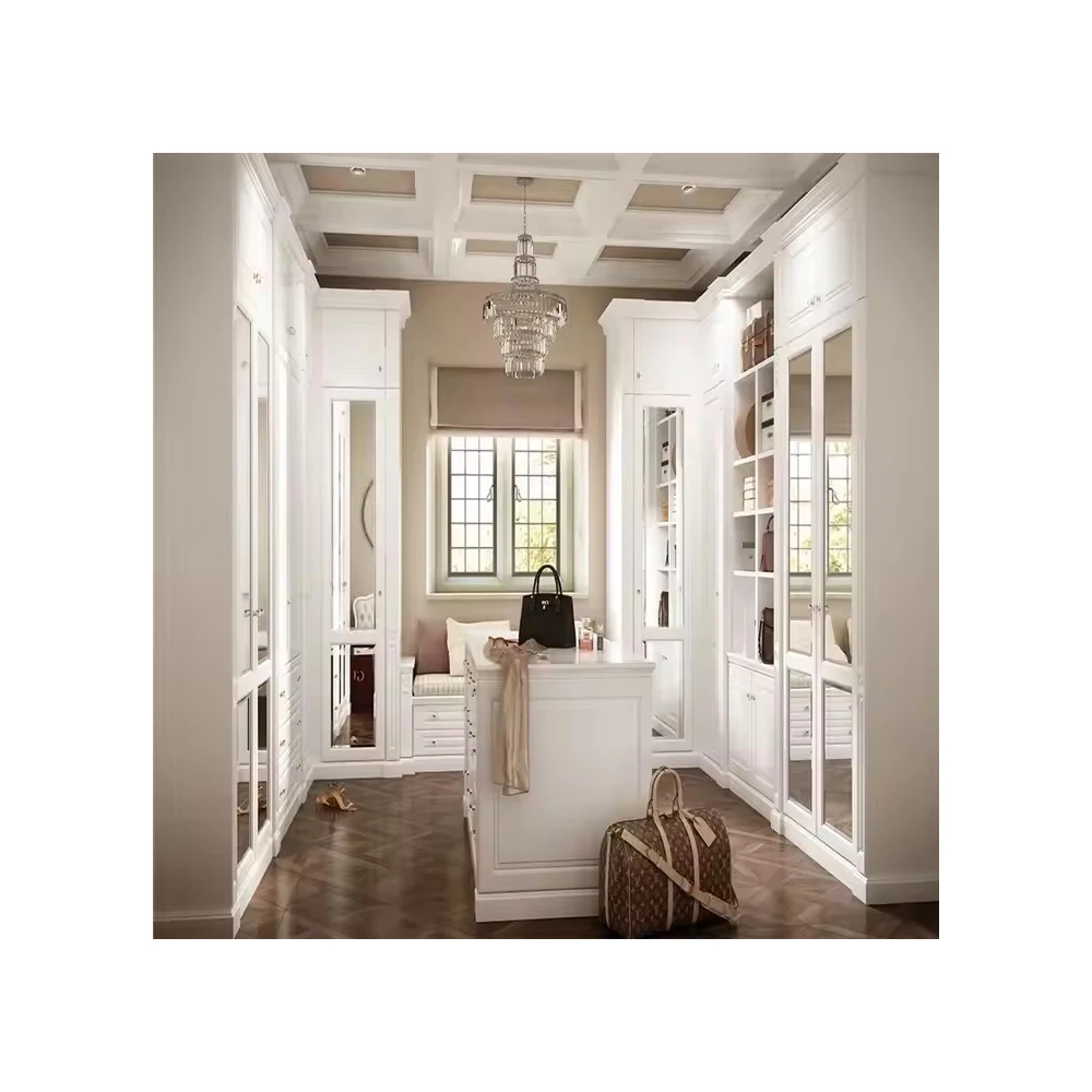 White MDF Lacquer Walk-in Closet New Model Bedroom Dressing Wardrobe Design with Full-Length Mirror