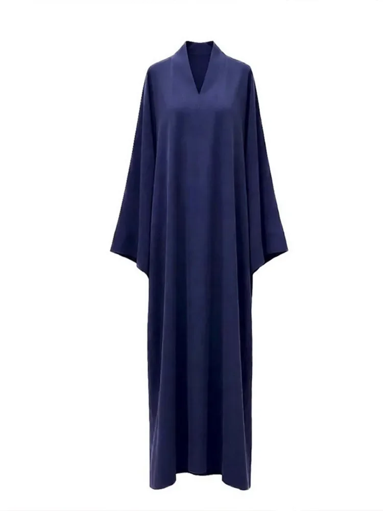 Damen Oversize-Maxikleid mit V-Ausschnitt, Langen Ärmeln, Einfarbig, Locker Sitzend, Abendkleid, Herbst, Damen Basic Allround-Partykleidung, Neu – Detail 1