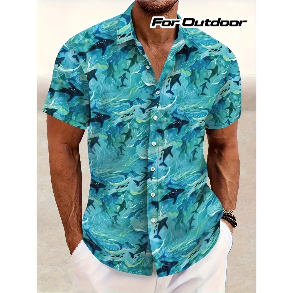 Marine Shark Ocean Wave Aloha Shirt Men Underwater Animal Print Loose Short Sleeve Lightweight Vacation Casual Top