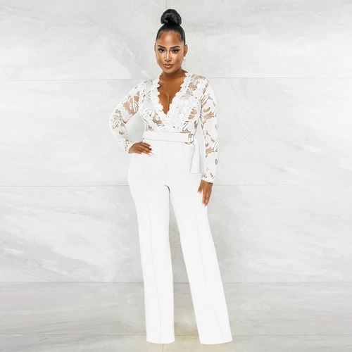 Imagen 2 del producto Mono de encaje transparente con cuello en V para mujer, pantalones de pierna ancha de manga larga con cinturón, ropa de calle informal