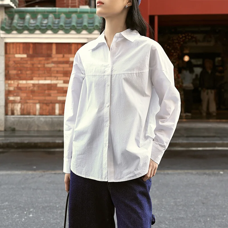 

100% Cotton Women Shirt Casual White Solid-color Lapel Long-sleeved Button Up Cardigan Simple Loose Fashion Office Ladies Blouse