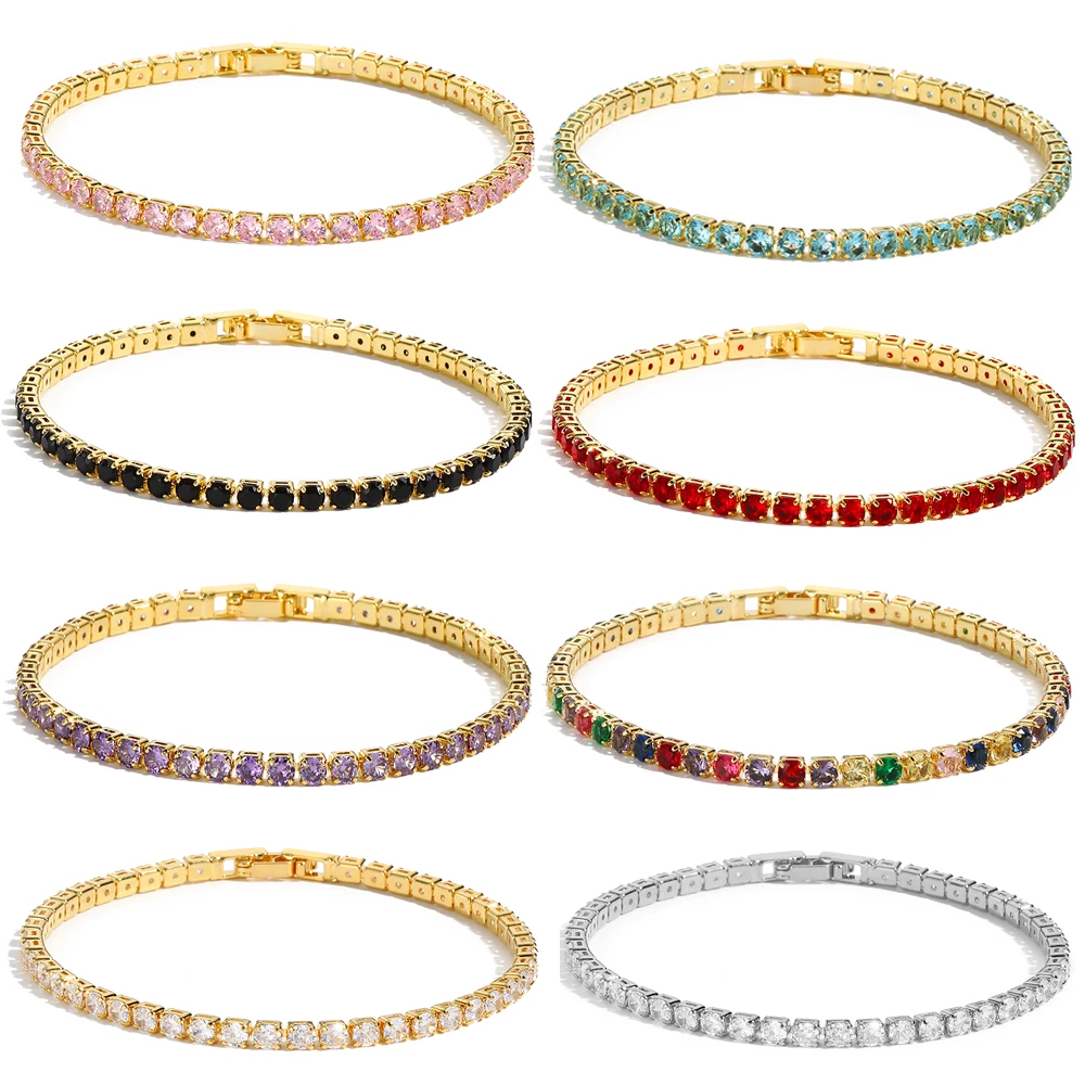 Kolorowe kryształowe bransoletka tenisowa dla kobiet wodoodporne wielokolorowe 3MM CZ ślub Birthstone łańcuszek na rękę sprzedaż hurtowa — zdjęcie 3