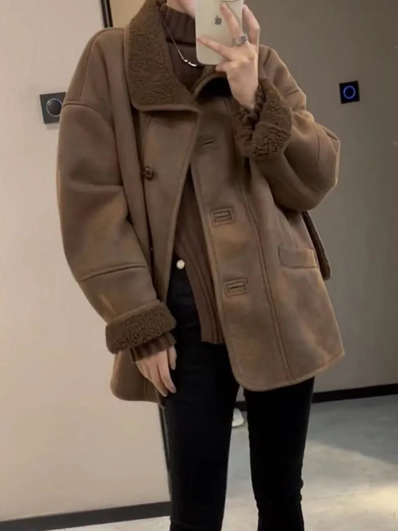 

Thiened Lamb Fur Meral Coat Women's Winter New Sle Warmth Inteated Motorcycle Jaet Coat Commute Sle Regular Length