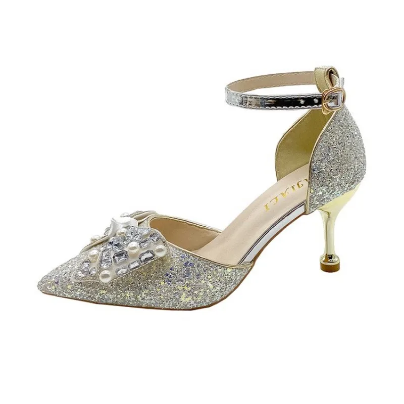Womens Glitter Rhinestone Bow Ankle Strap Pumps Thin High Heels Wedding Bridal Sandals Party Crystal Sparkly Evening Dress Shoes view 5