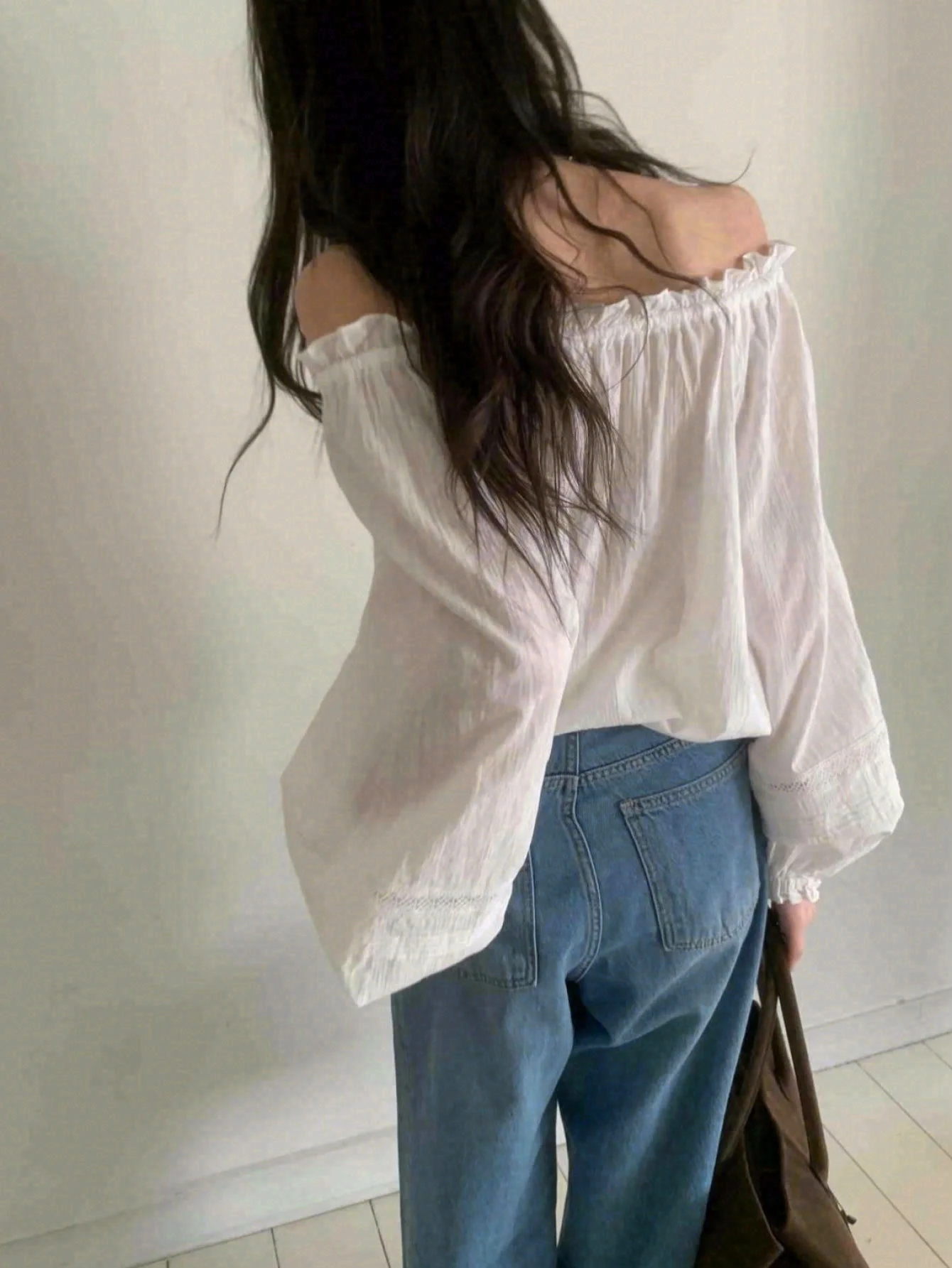 Spring New Korean Style Bow One Line Collar Hollow Long Sleeve Shirt