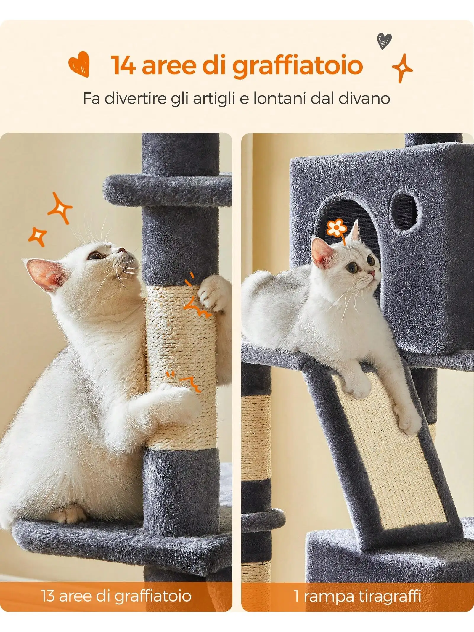 Feandrea عمود الخدش ، قط كبير طويل القامة مع 13 موقعًا ، محطتان ، كهف ، سلة ، هامبرج ، قطط كبيرة