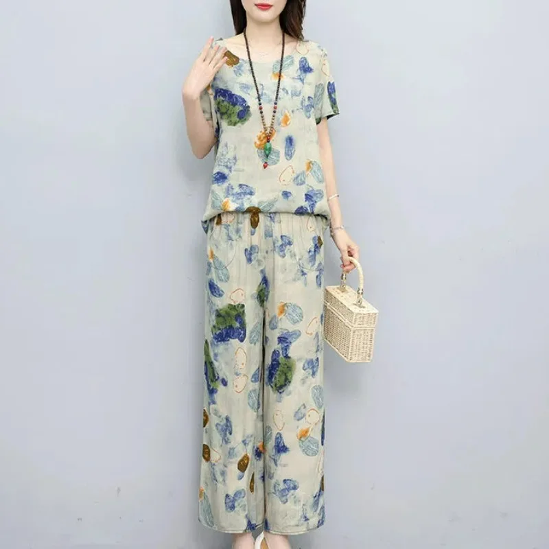 2-delige sets vrouw outfit zomer vintage elegante geruite o-hals korte mouw blouse dames hoge taille losse casual rechte broek