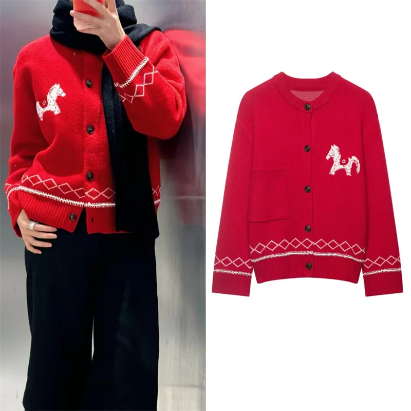 

Women's Jacket 2026 Spring New Red Long-Sleeve Jacquard Pony Decor Knit Cardigan Casual Fashion Festive Versatile