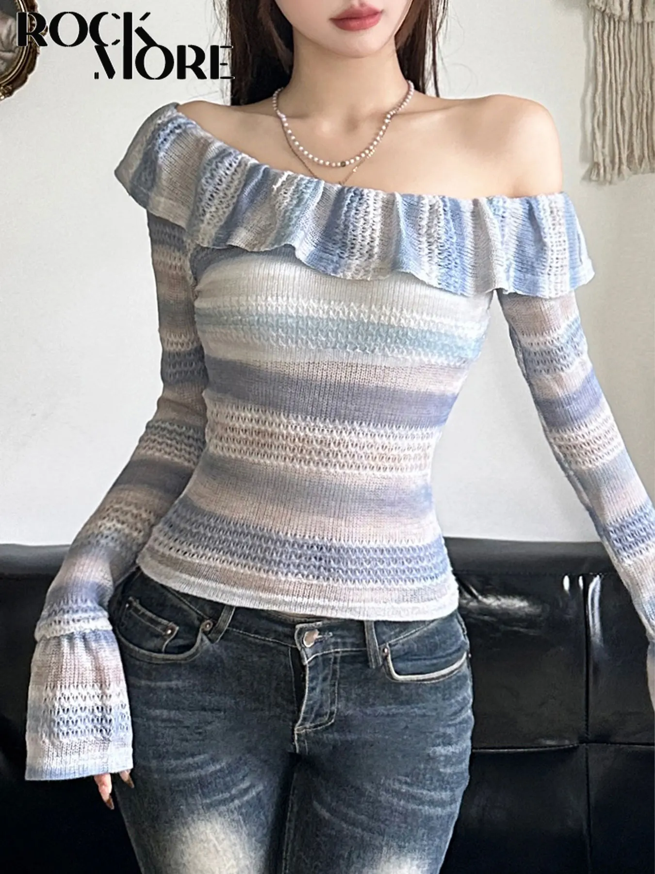 Rockmore Y2k Blue Striped Patchwork Knit Tops All Match Flared Sleeve Slim Top Casual Ruffle Skew Collar T-Shirts Women Clothes