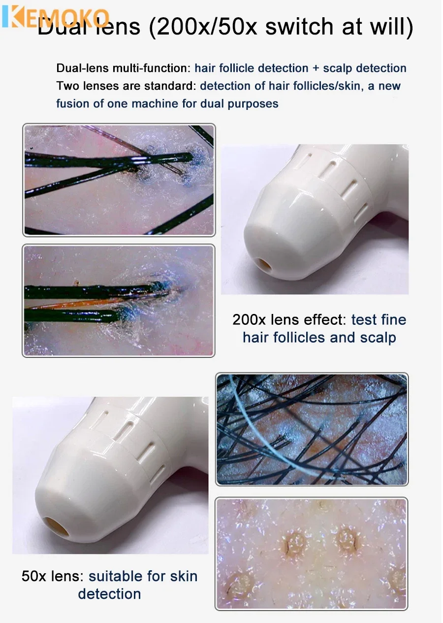 Lupa 50/200X LCD Detector de couro cabeludo Digital 10 Polegada Analisador de pele de cabelo Microscópio para testes de folículos capilares e análise de pele