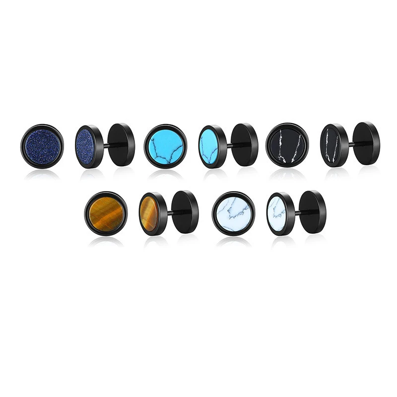 2pcs 10MM Marble Stud Earrings Men Women Stainless Steel Cheater Fake Ear Plugs Gauges Illusion Tunnel Piercing Jewelry