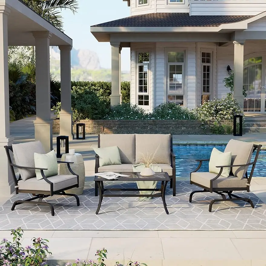 

Outdoor Patio Furniture Set Conversation Set with Olefin Cushions Rocking Motion Steel Chairs Fixed Loveseat Glass Coffee Table