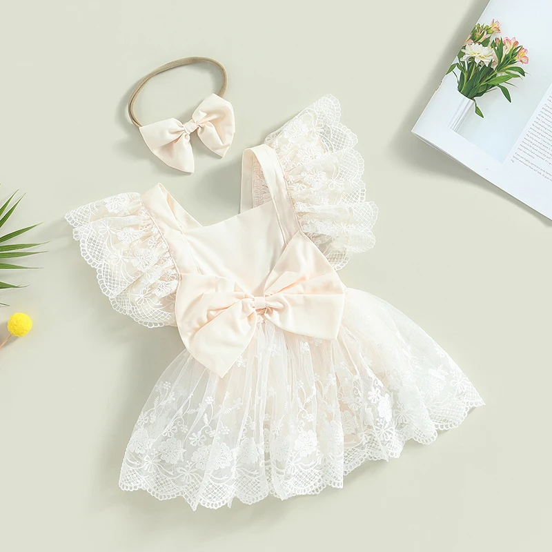 

Infant Baby Girls Romper Dress Lace Flower Fly Sleeve Square Neck Bowknot Bodysuits Summer Jumpsuits with Headband