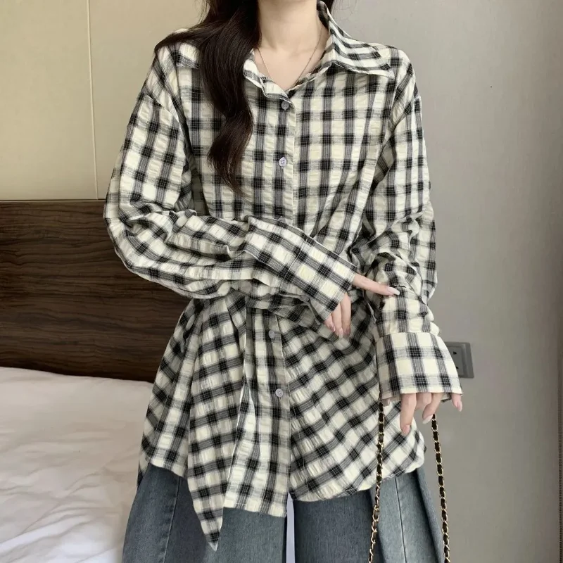 Camisa de manga larga a cuadros rojos para mujer, Top con cordones y cintura nueva de otoño