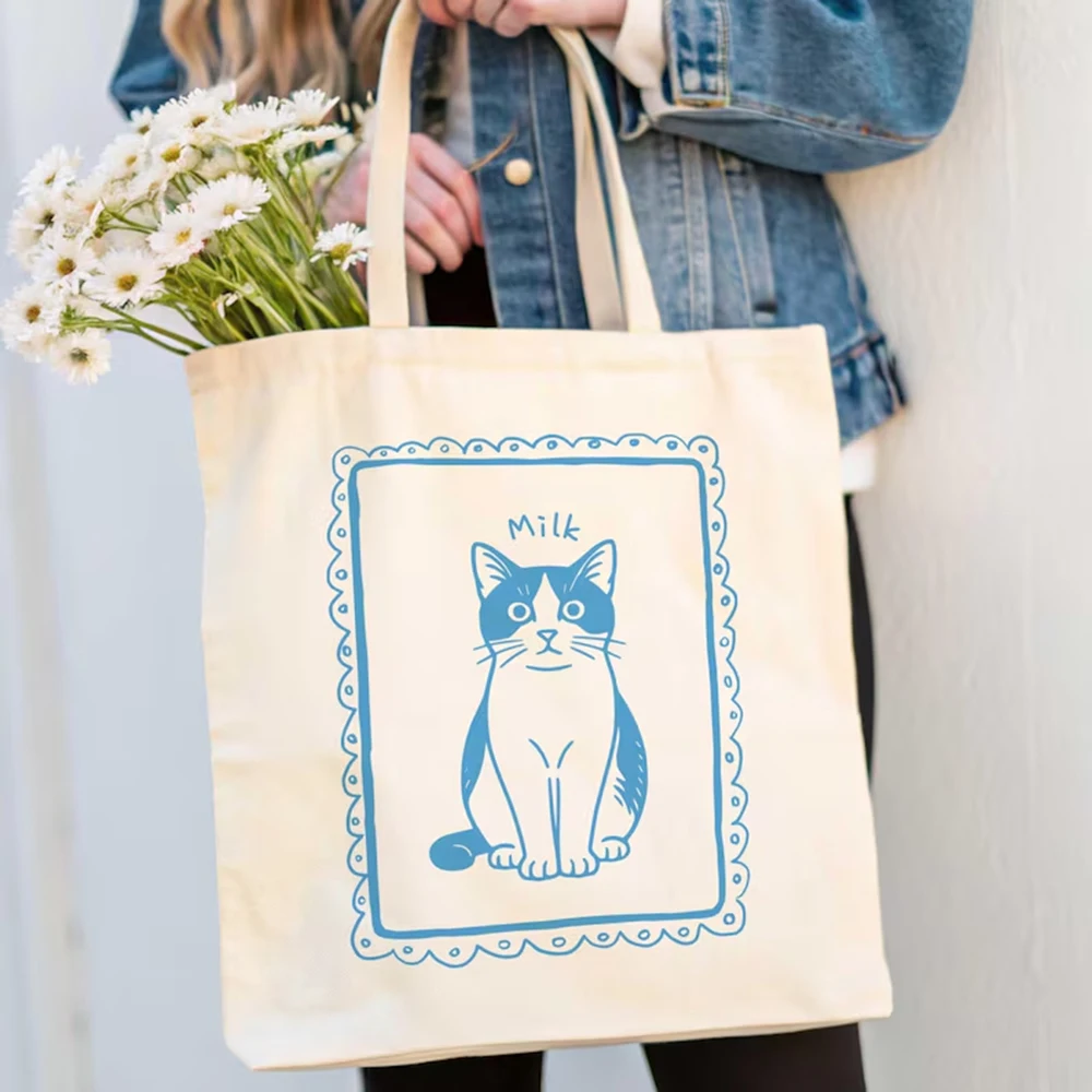 Cotton Canvas Tote Bag Custom Pet Portrait Print Line Art Handbag Reusable Shopping Bag Lightweight Daily Use For Pet Lovers
