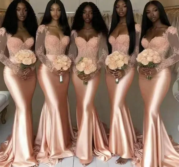

Customized Long Sleeves Mermaid Peach African Bridesmaid Dresses Wedding Party Gowns vestido de festas elegante casamento