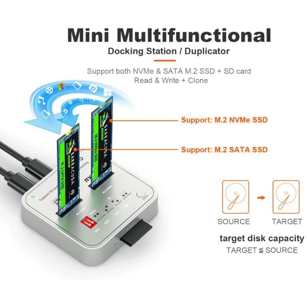 Imagem -04 - Maiwo-dual Bay Docking Station Sata Nvme Usb 10gbps Solid State Drive Leitor de Cartão sd Suporte Clone Offline M.2