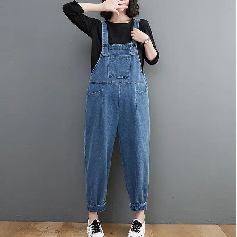 New Loose Denim Jumpsuit Women Casual Streetwear Wide Leg Long Mom Jeans Overalls Clothing Baggy Rompers Ladies Jeans Spring