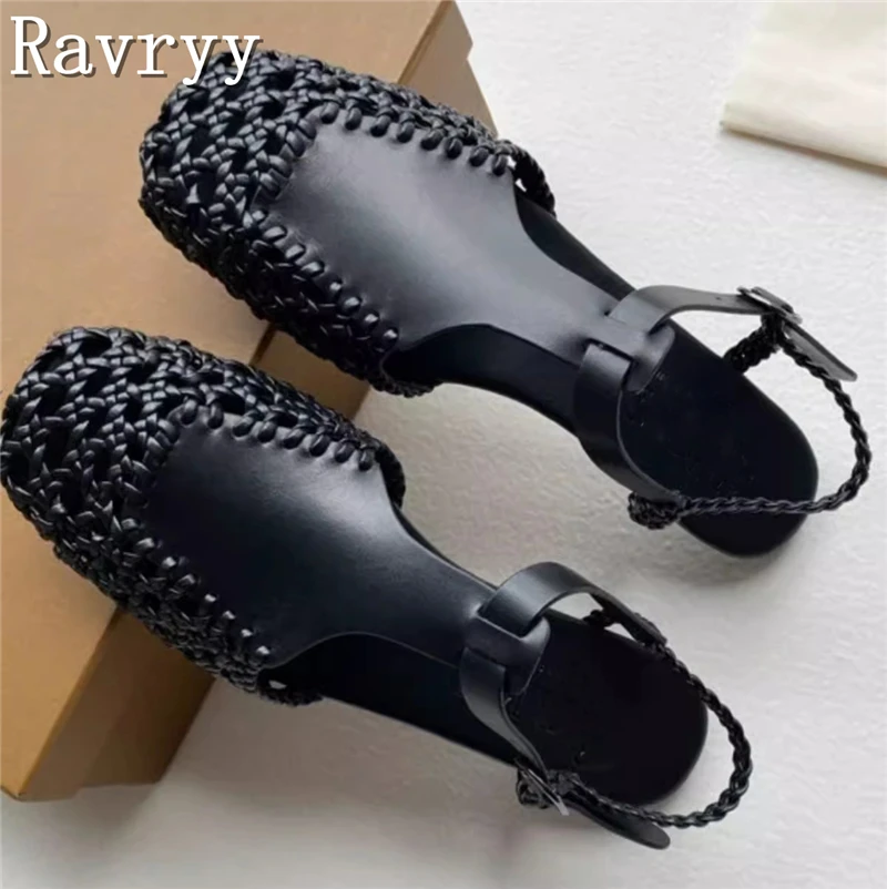 Women New Woven Genuine Leather Sandals Designer Summer Square Toe Flats Roman Style Cladiator Hollow Out Sandals