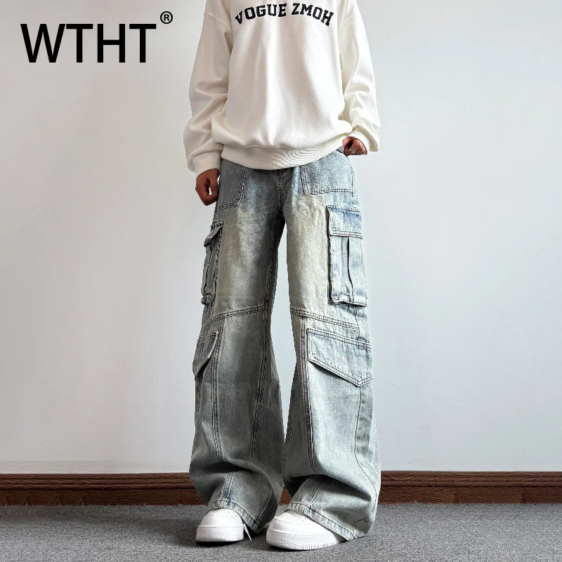 WTHT Vintage Men's Spliced Big Pockets Wash Design Denim Pants Fashion High-waisted Wide Leg Jeans Male 2025 Autumn 2A2432