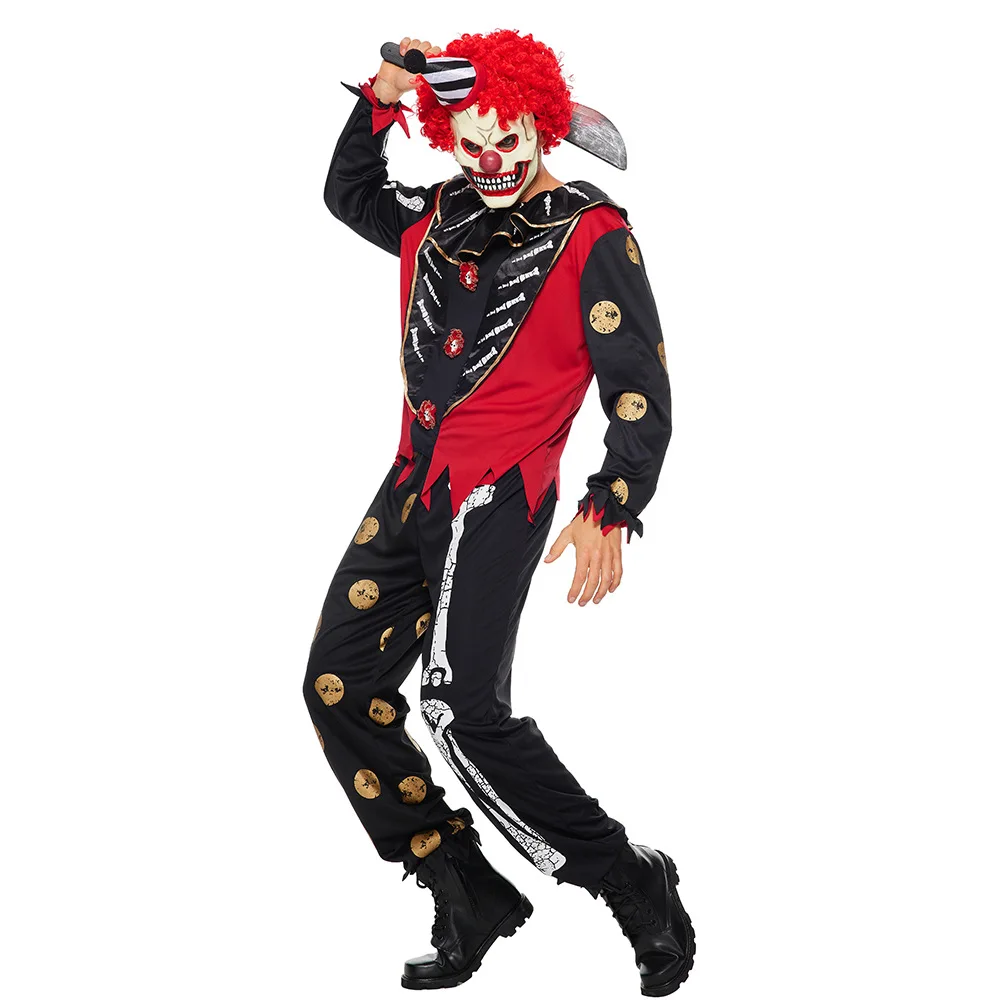 Homem halloween assustador esqueleto circo palhaço traje droll coringa cosplay carnaval purim palco mostrar discoteca role play vestido de festa