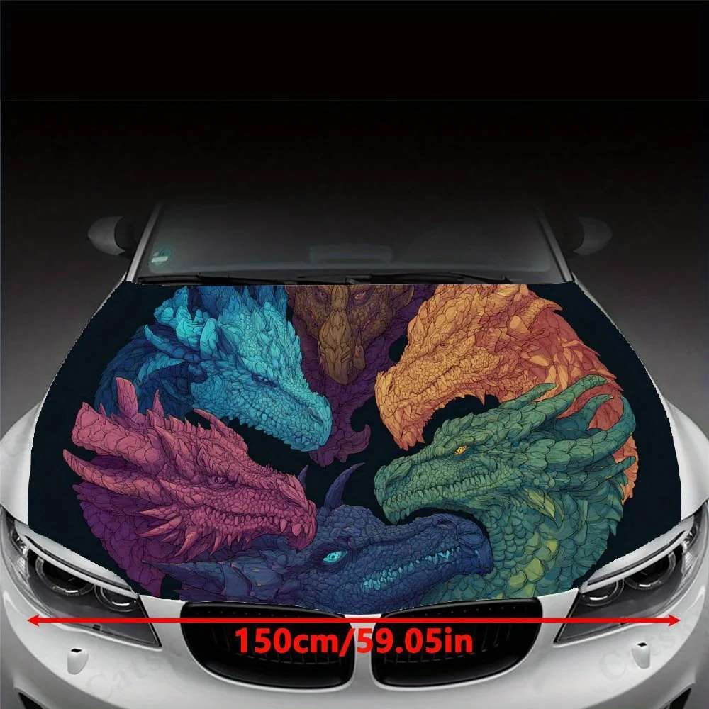 Colorful Dragon Silhouette Print PVC Car Vinyl Wraps, Self-Adhesive Waterproof Car Hood Decal Sticker, Car Decoration Protection