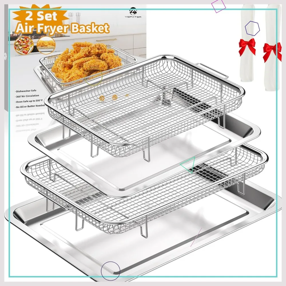 

2-Piece Air Fryer Basket Set with 60 Parchment Papers, Stainless Steel Tray for Oven Baking and Grilling