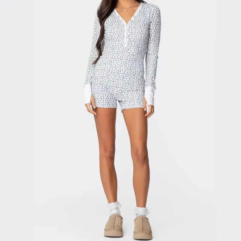 

Весенний комбинезон 2024 с низкой талией, короткими брюками, длинными рукавами, цветочным принтом, V-образным вырезом, облегающий, сексуальный комплект из полиэфирного волокна