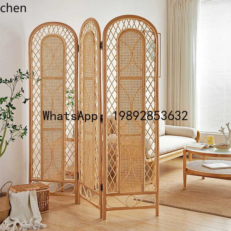 YFY   New Chinese Style Three-Leaf Plant Rattan Screen Living Room Home Folding Screen Handmade Agate Rattan Screen