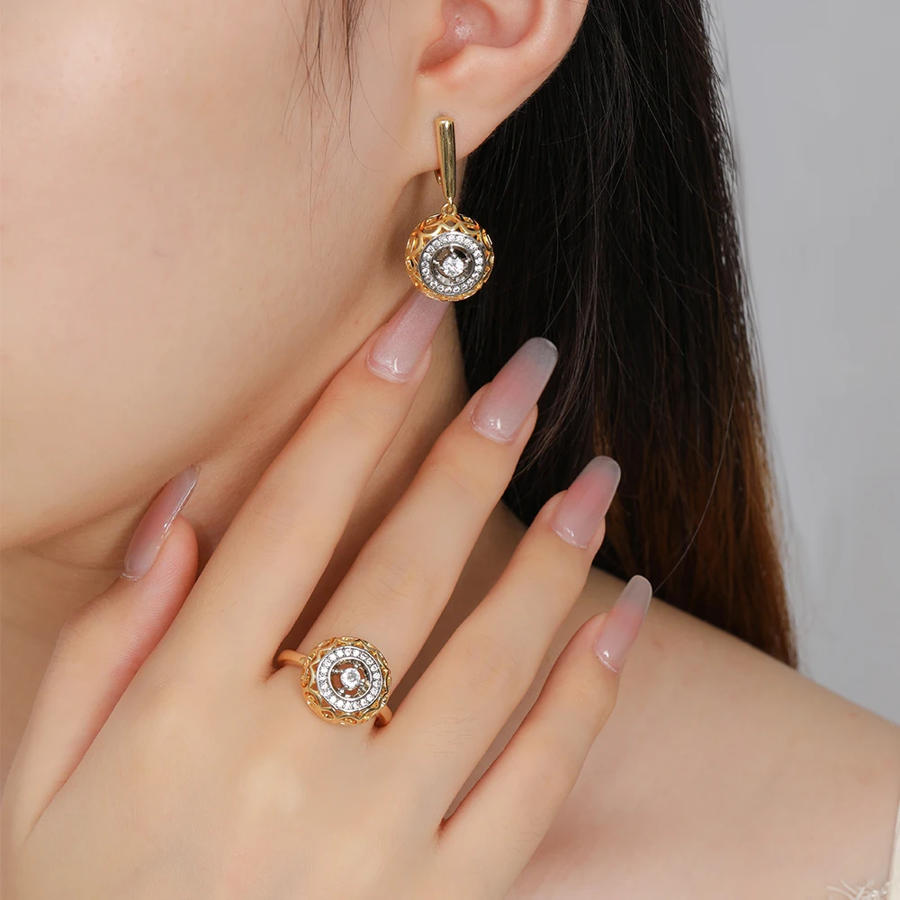 Women's Retro Hollow Design Zircon Ring Earrings Set