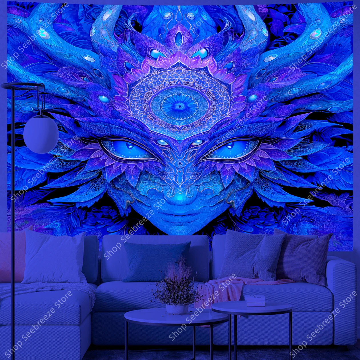 Mystical Third Eye Goddess UV Tapestry with Cosmic Lotus Halo in Deep Blue Purple Gold for Meditation Room Decor Wall Hanging