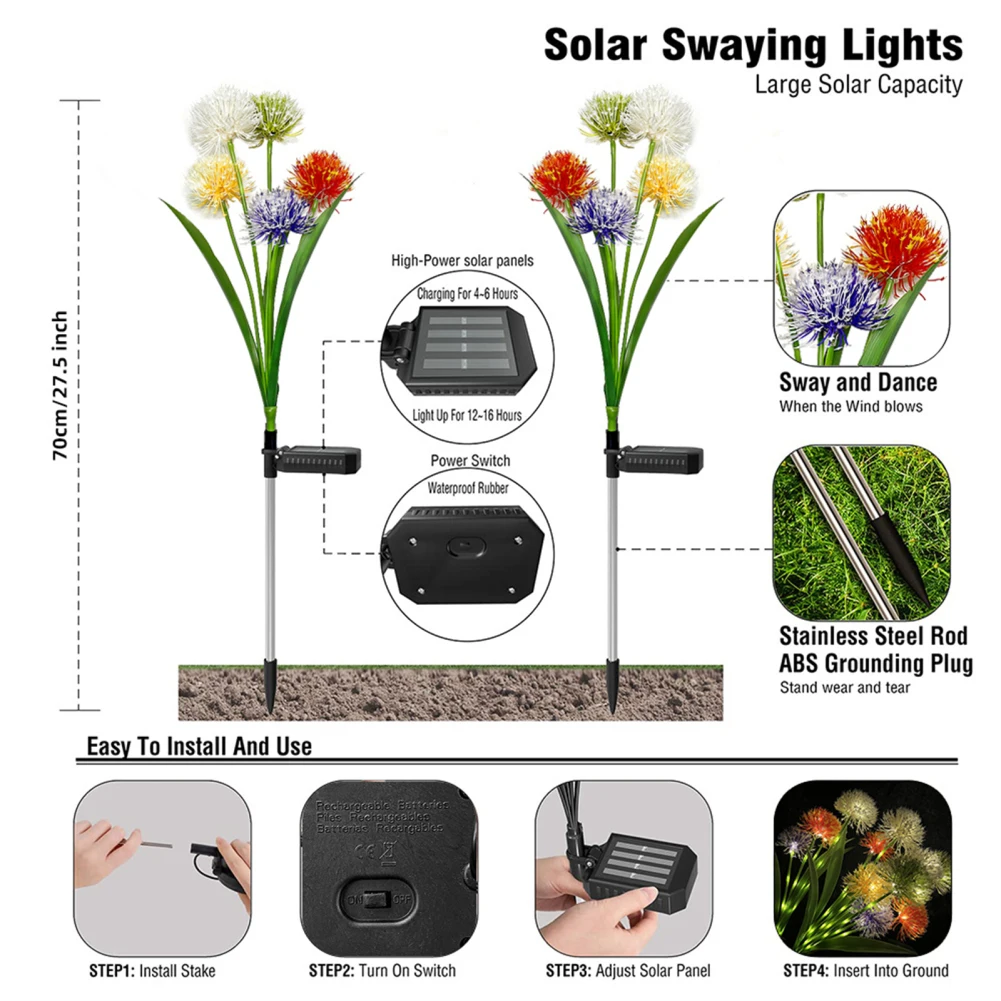 Lampu Taman tenaga surya luar ruangan, lampu dekorasi tahan air IP65 bunga Dandelion tenaga surya untuk taman halaman rumput pernikahan