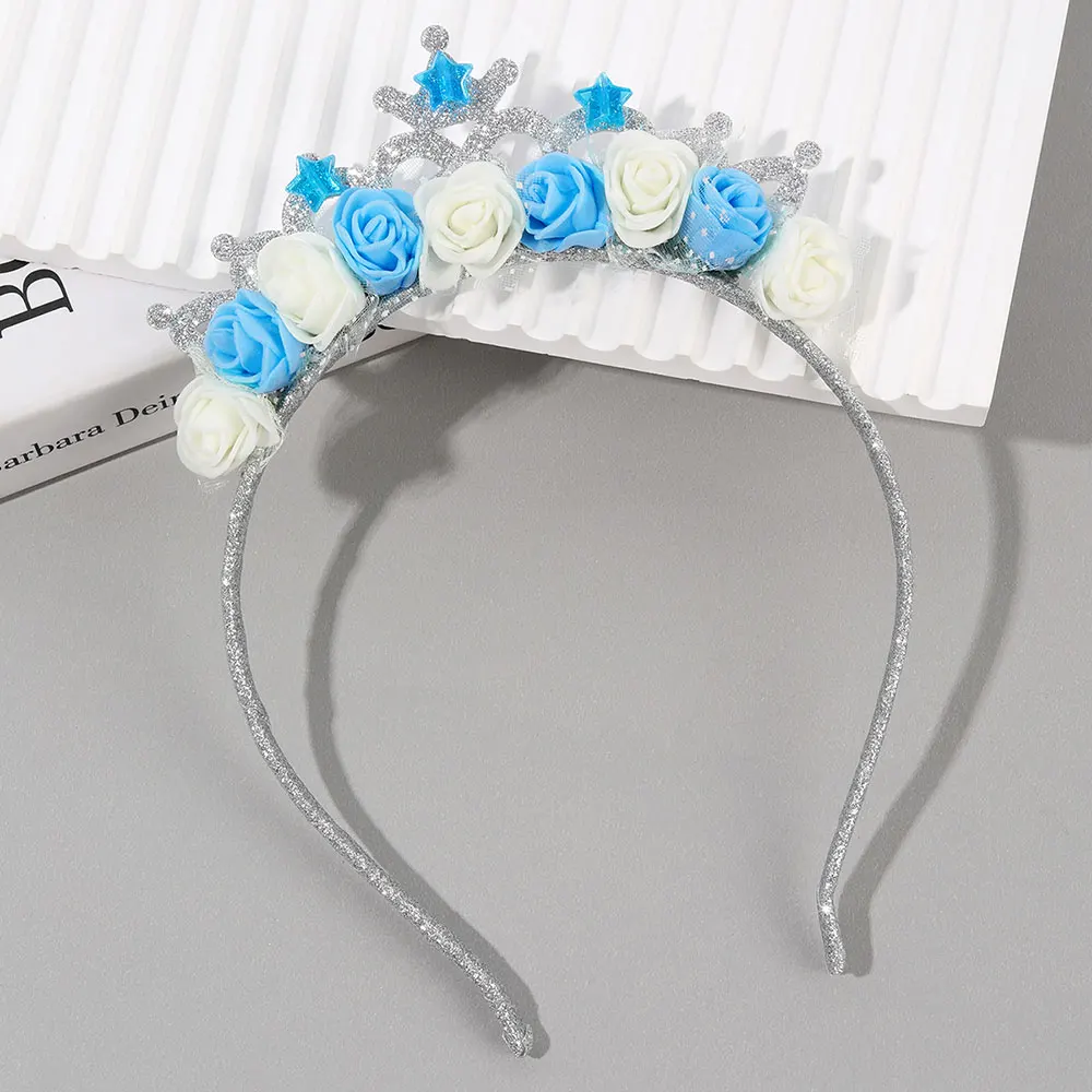 Fashion Girls Glitter Crown Headband Ribbon Rose Flower Hairbands Cute Pompon Hair Hoop Princess Star Birthday Party Headband