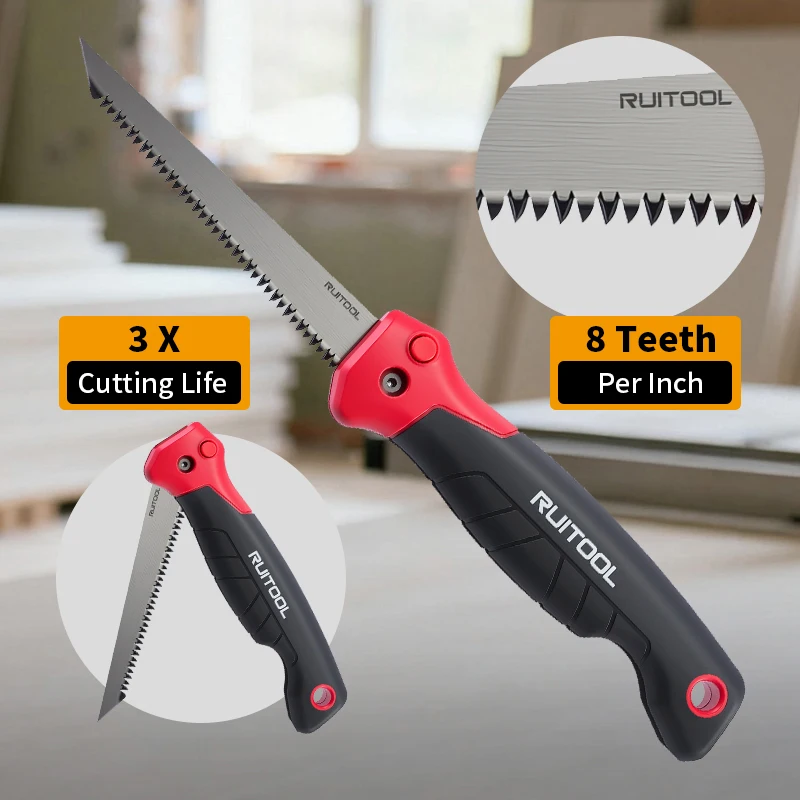Folding Drywall Jab Saw 8 TPI Steel Blade with Triple Ground Teeth Ergonomic Handle for Wallboard Cutting with Storage Bag view 4