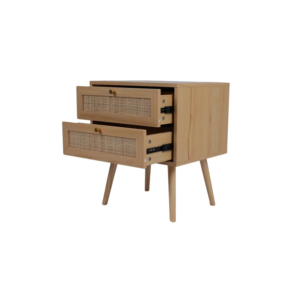 

Mid Century Modern Rattan Nightstand, 2-Drawer Wooden Bedside Table with Woven Rattan & Tapered Legs, Natural Wood for Bedroom