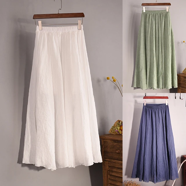 Vintage Solid Pleated Long Skirts Cotton Linen Maxi Skirt for Women Summer Elastic Waist Girls Boho Beach Skirt A-Line Skirt