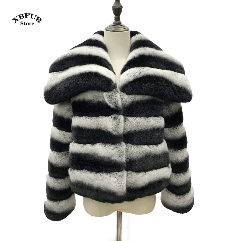 Chaqueta a rayas de Chinchilla para mujer, abrigo de piel de conejo auténtica, todo en uno, longitud de 60cm, abrigos de piel cálidos para invierno,