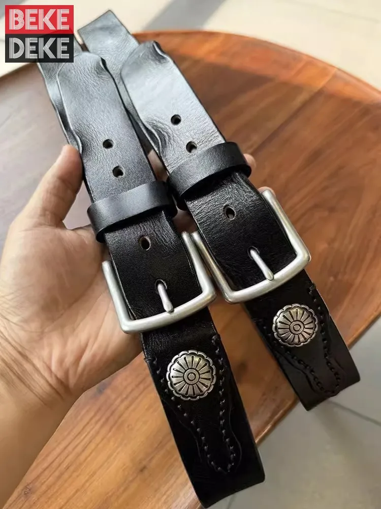 

Fashion Men Handamde Spliced Rivets Cowhide Genuine Leather Belt Vintage Pin Buckle Strap For Jeans Casual Waistband Width 3.5cm