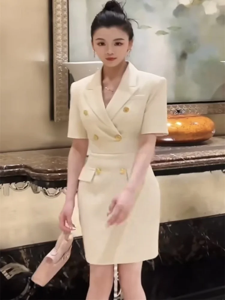 Ele Commuter Sle ort Sve 슈트 칼라 더블 버튼 허리 조임 여름 신상 여성 Dr Faionable Chic