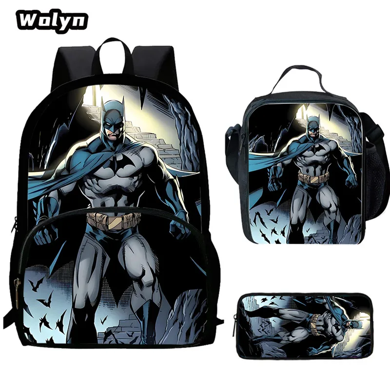 Super Hero B-BatmanS LOGO Cartoon Child Backpack,Lunch Bags,Pencil Bags for 4-8 Years Old Anime School Bags for BoyGirl BestGift