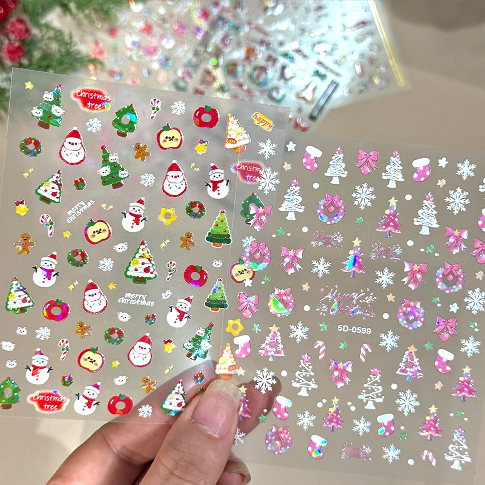 2 hojas de pegatinas navideñas para decoración de uñas, manzana roja, árbol de Navidad, muñeco de nieve, arco, deslizador de uñas, corona polarizada rosa, calcomanía navideña para uñas