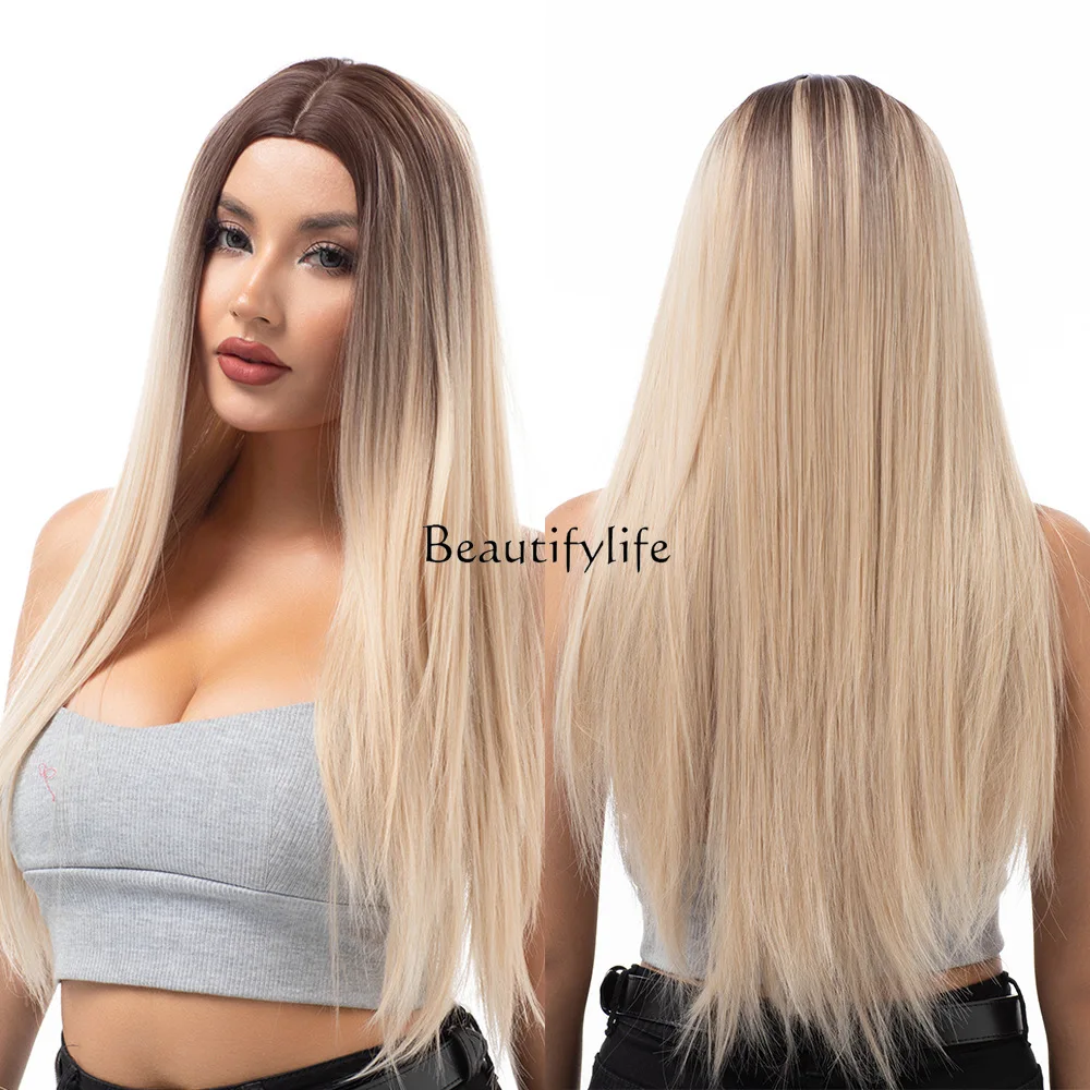 European and American wig, medium brown gradual change beige long straight hair high temperature silk