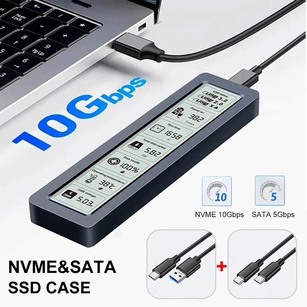 

M.2 NVMe SATA SSD Case USB3.2 Gen2 10Gbps SSD Adapter With Display Screen Intelligent Digital for PC NVME PCIE NGFF SSD Disk Box