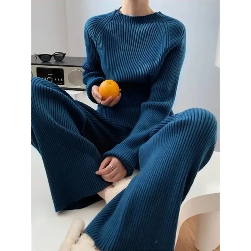

Two Piece Set Pullover Sweater Knit Tracksuit Women High Waist Wide Leg Straight Pants Suit Harajuku Spring Autumn Clothes N603