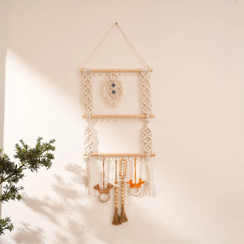 1 قطعة الحبل القطن البوهيمي المنسوجة يدويا عقال حامل إكسسوارات الشعر المنظم الجدار الشنق ديكور المنزل نسيج القطن اليدوية #1