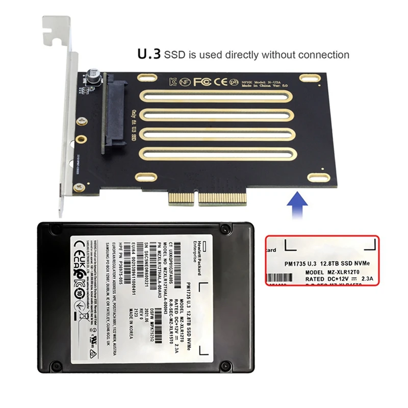 Adaptador host NVMe para placa-mãe, SSD PCIe, Kit U3, SFF-8639 para PCI-E 4.0 X4, PM1735