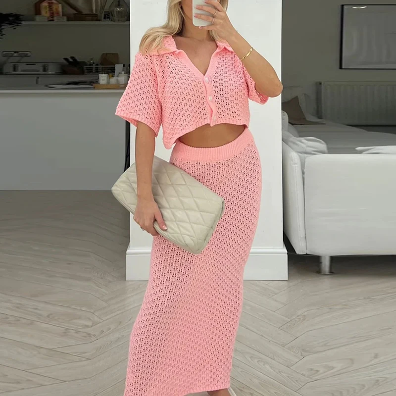 Summer Hollow Out Knitted Two Piece Set 2024 Loose Solid Color Beach Cover Up Suit Women Sexy Crochet Button Long Skirt Outfits