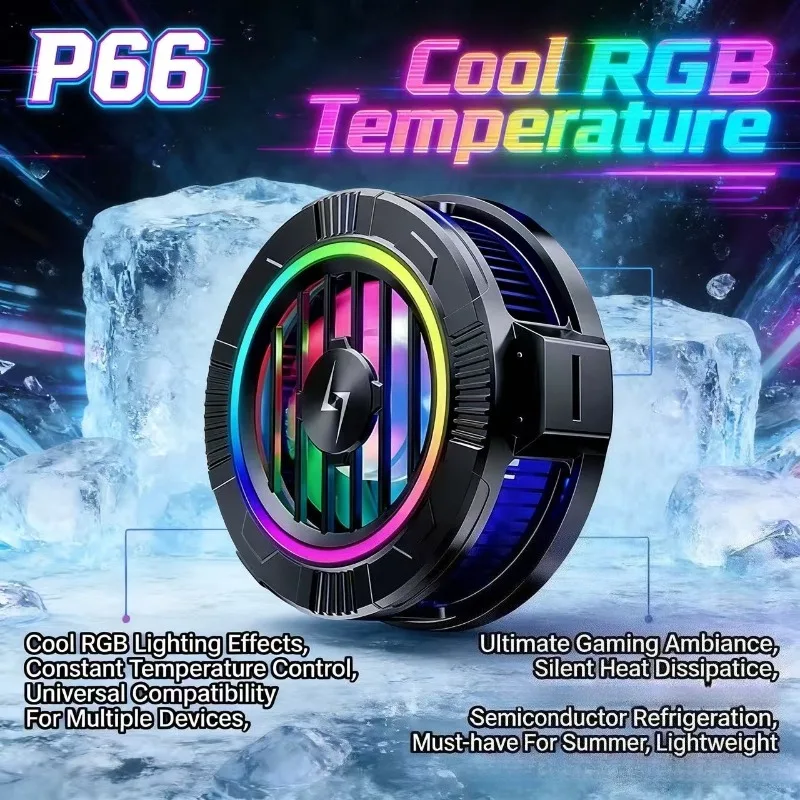 

P66 Universal Phone PUBG Game Cooler Magnetic Semiconductor Cooling Radiator w/ RGB Lights for IPhone Android Gaming Accessories